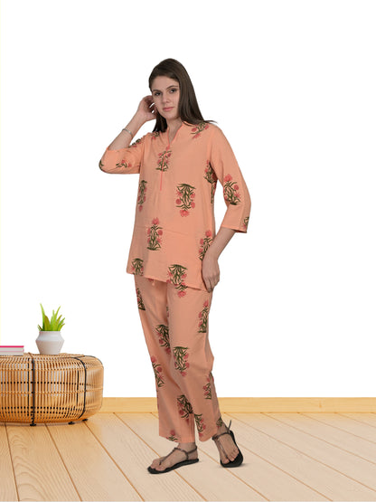 V Neck Orange 3/4Th Sleeve Printed Co-Ord Set