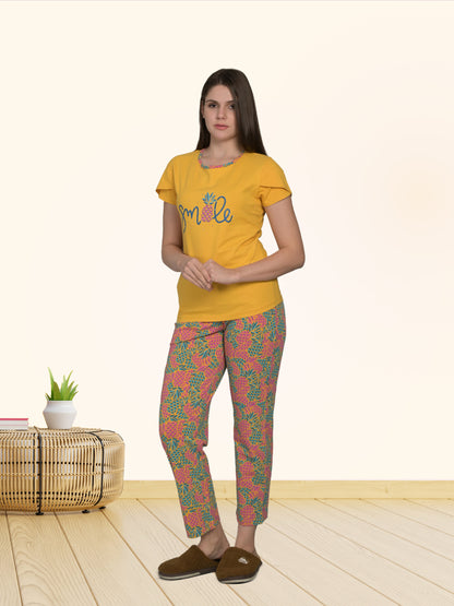 Round Neck Yellow Half Sleeve Tshirt & Pyjama Set