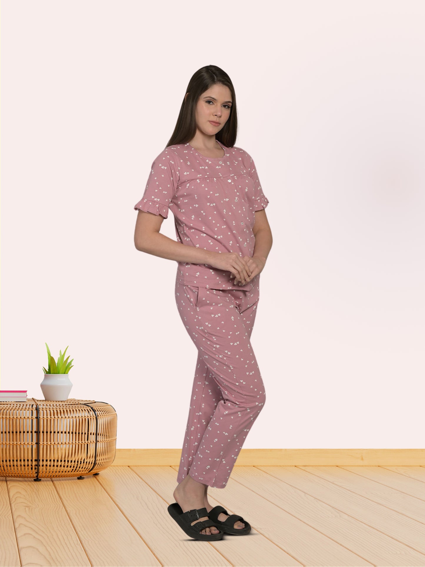 Round Neck Peach Half Sleeve Top & Pyjama Set