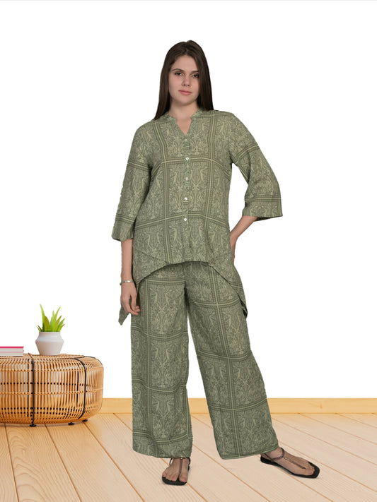 V Neck Green 3/4Th Sleeve Printed Co-Ord Set