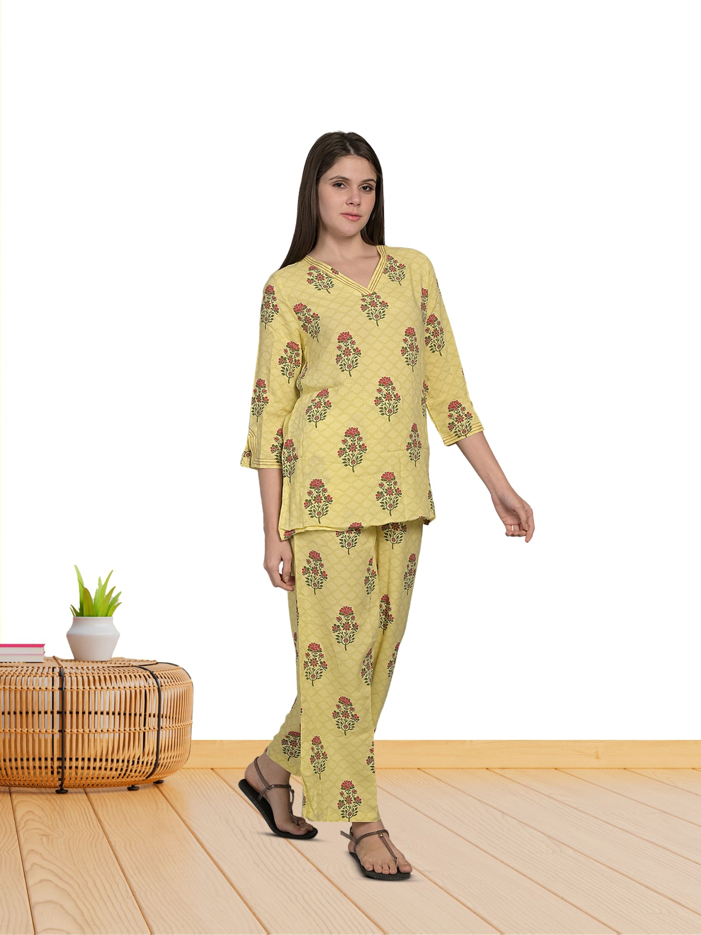 V Neck Yellow 3/4Th Sleeve Printed Co-Ord Set