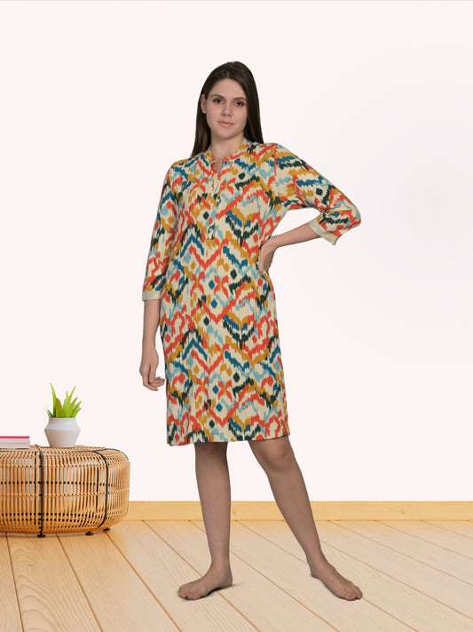 Round Neck Multi 3/4Th Sleeve Short Night Dress