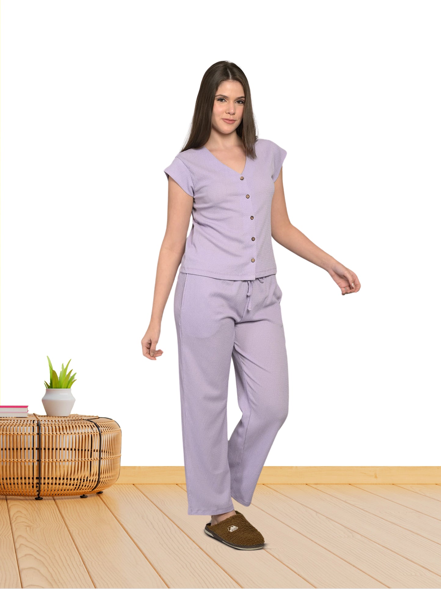 V Neck Purple Short Sleeve Top & Pyjama Set