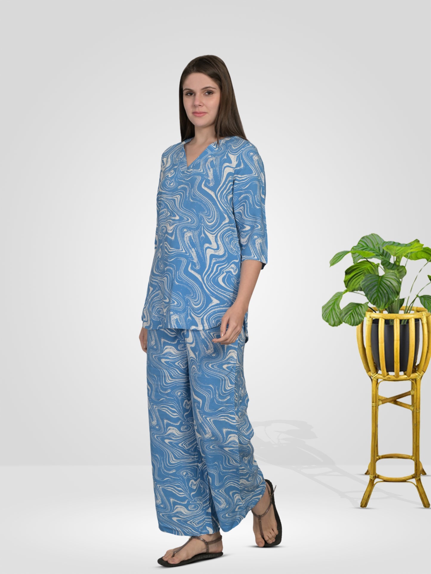 V Neck Blue 3/4Th Sleeve Printed Co-Ord Set