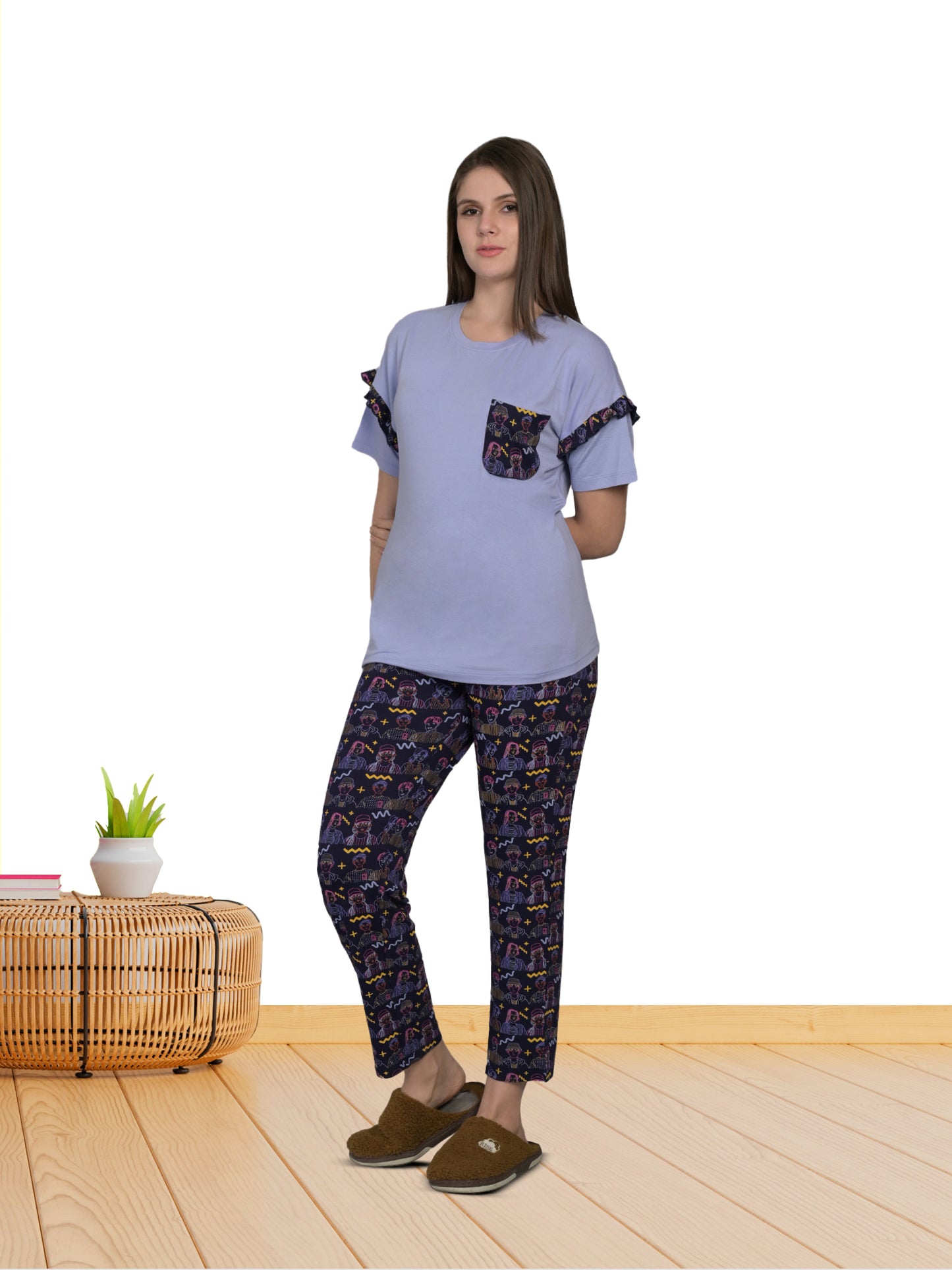 Round Neck Purple Half Sleeve Tshirt & Pyjama Set