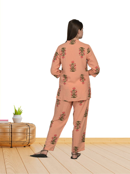 V Neck Orange 3/4Th Sleeve Printed Co-Ord Set