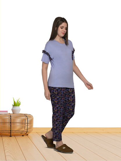 Round Neck Purple Half Sleeve Tshirt & Pyjama Set