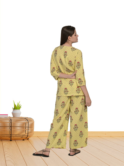 V Neck Yellow 3/4Th Sleeve Printed Co-Ord Set