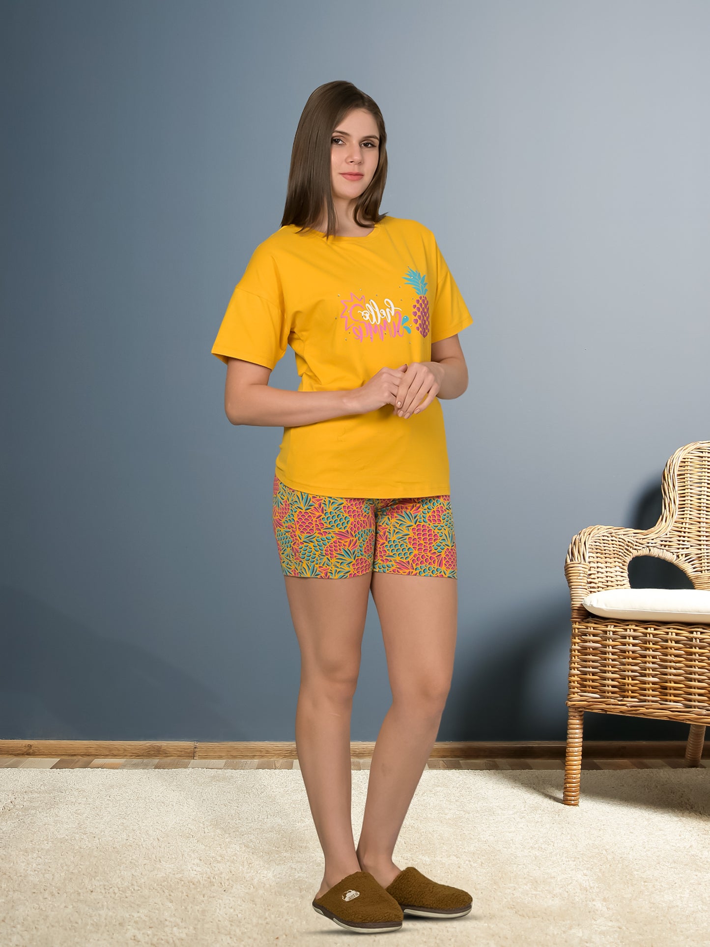 Round Neck Yellow Half Sleeve Tshirt & Shorts Set