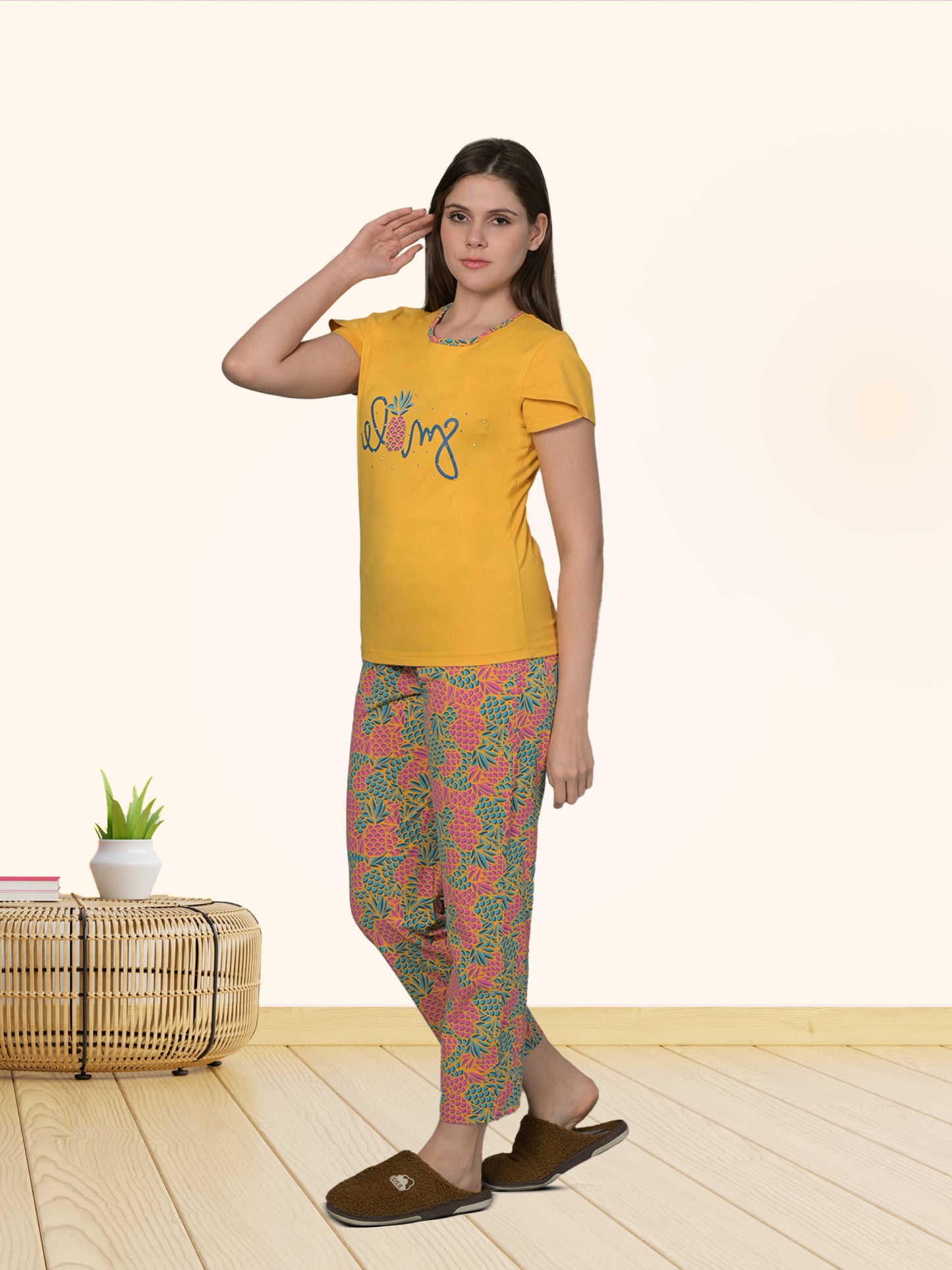 Round Neck Yellow Half Sleeve Tshirt & Pyjama Set