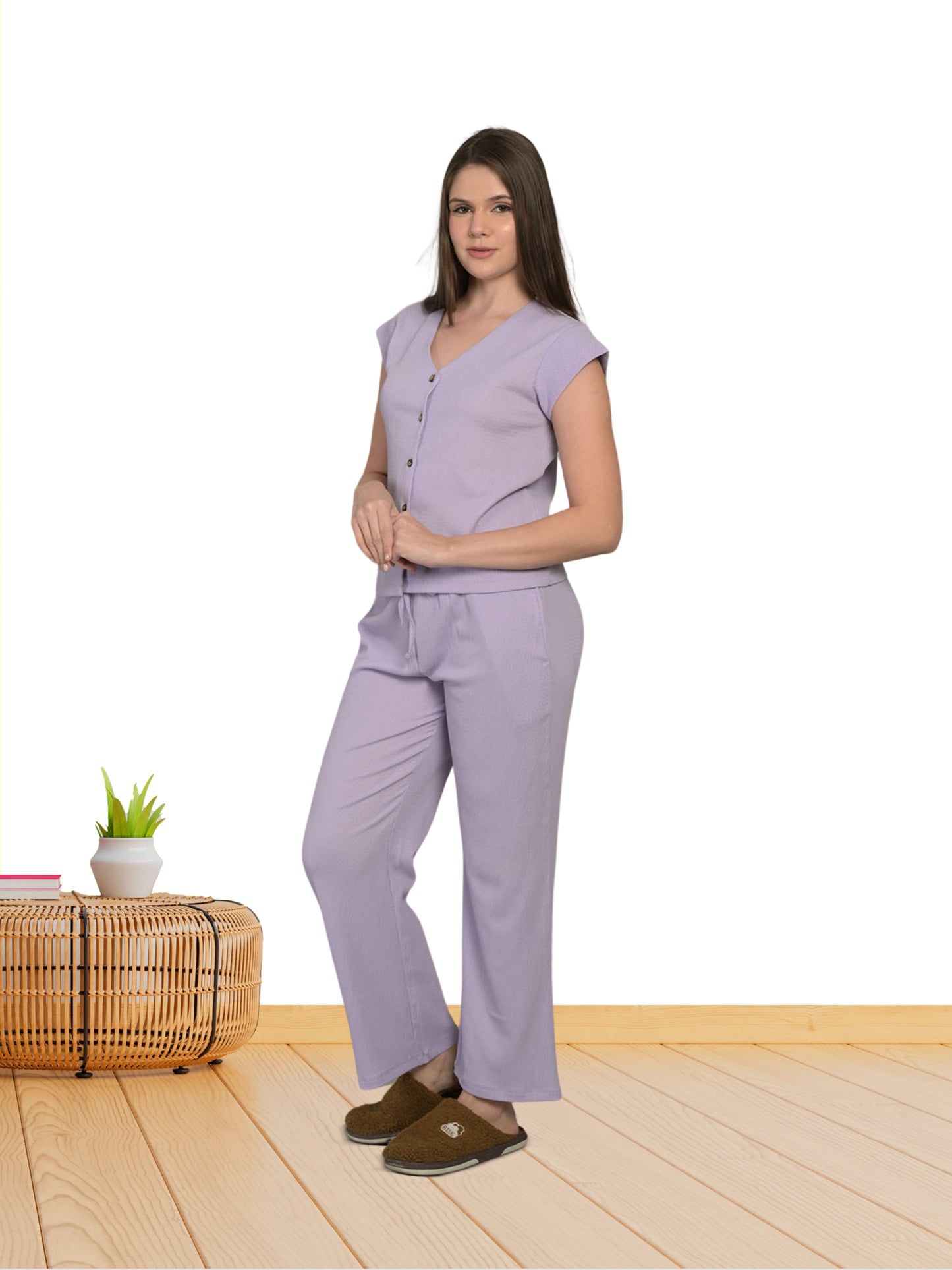 V Neck Purple Short Sleeve Top & Pyjama Set