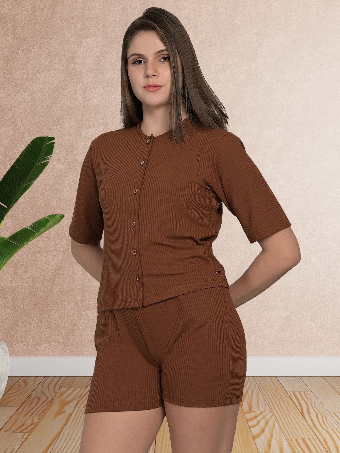 Round Neck Brown Half Sleeve Tshirt & Shorts Set