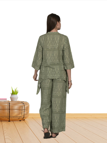 V Neck Green 3/4Th Sleeve Printed Co-Ord Set