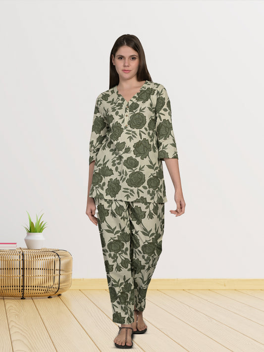 V Neck Green 3/4Th Sleeve Printed Co-Ord Set