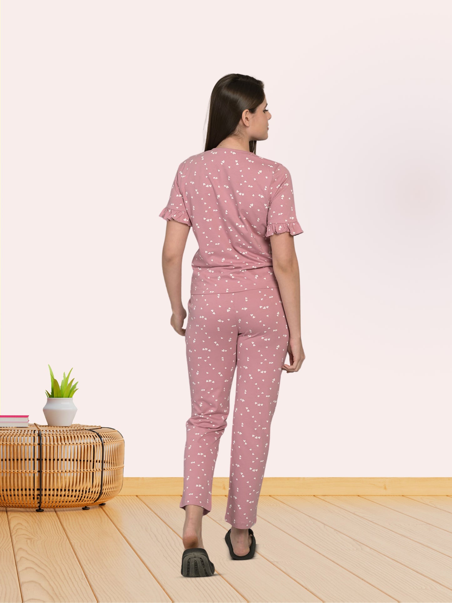 Round Neck Peach Half Sleeve Top & Pyjama Set