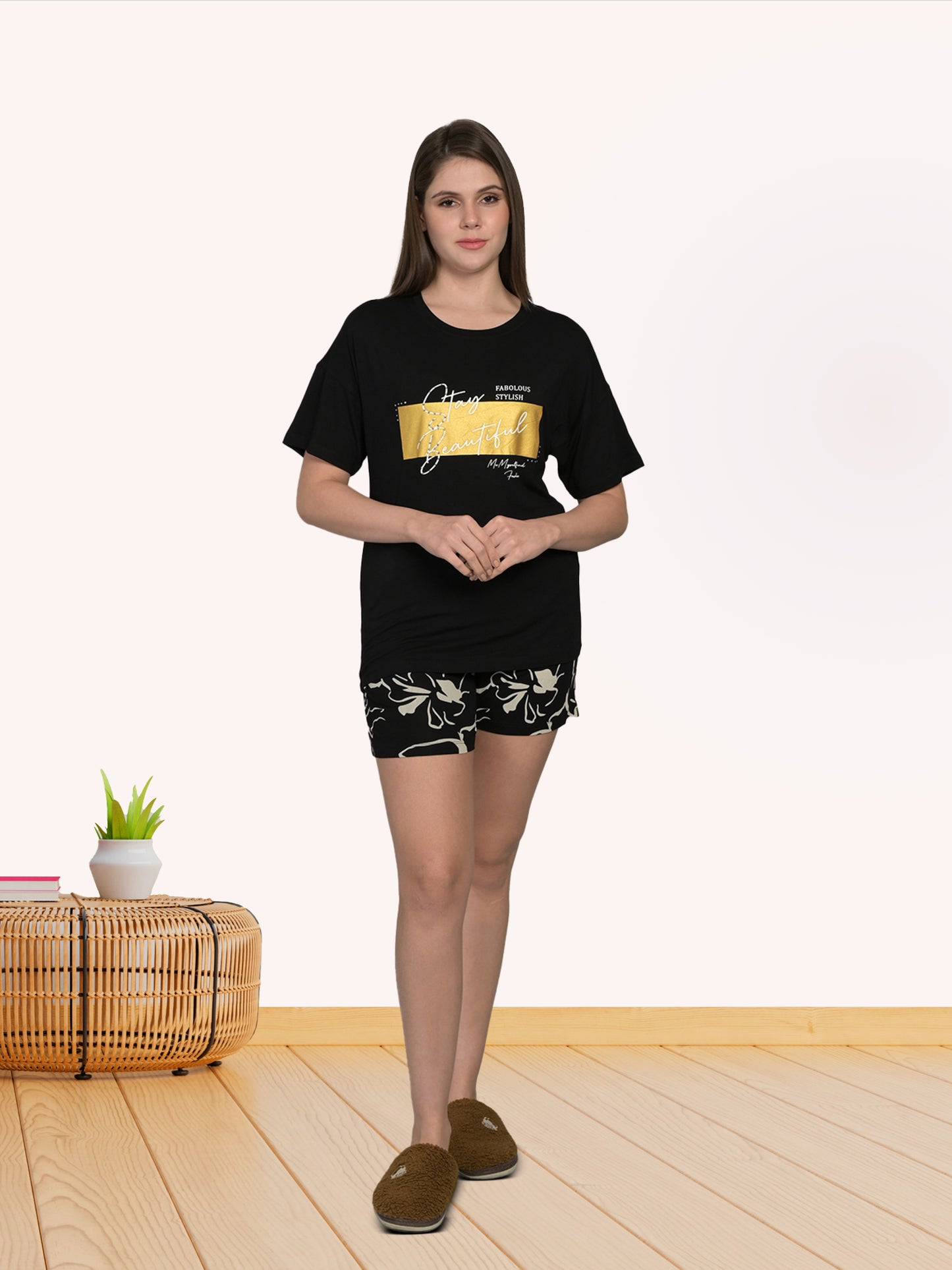 Round Neck Black Half Sleeve Tshirt & Shorts Set