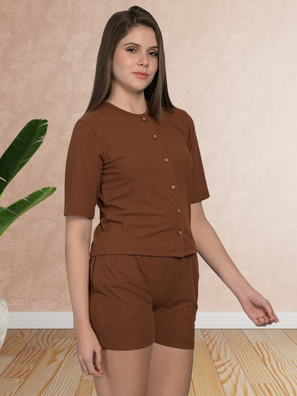 Round Neck Brown Half Sleeve Tshirt & Shorts Set