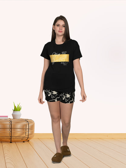 Round Neck Black Half Sleeve Tshirt & Shorts Set