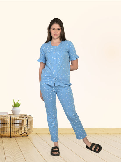 Round Neck Blue Half Sleeve Top & Pyjama Set