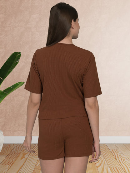 Round Neck Brown Half Sleeve Tshirt & Shorts Set