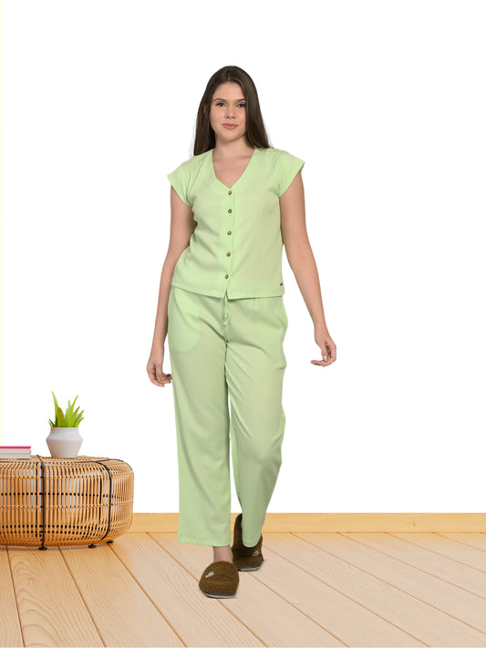 V Neck Green Short Sleeve Top & Pyjama Set