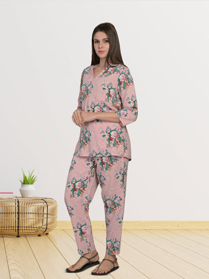 V Neck Pink 3/4Th Sleeve Printed Co-Ord Set