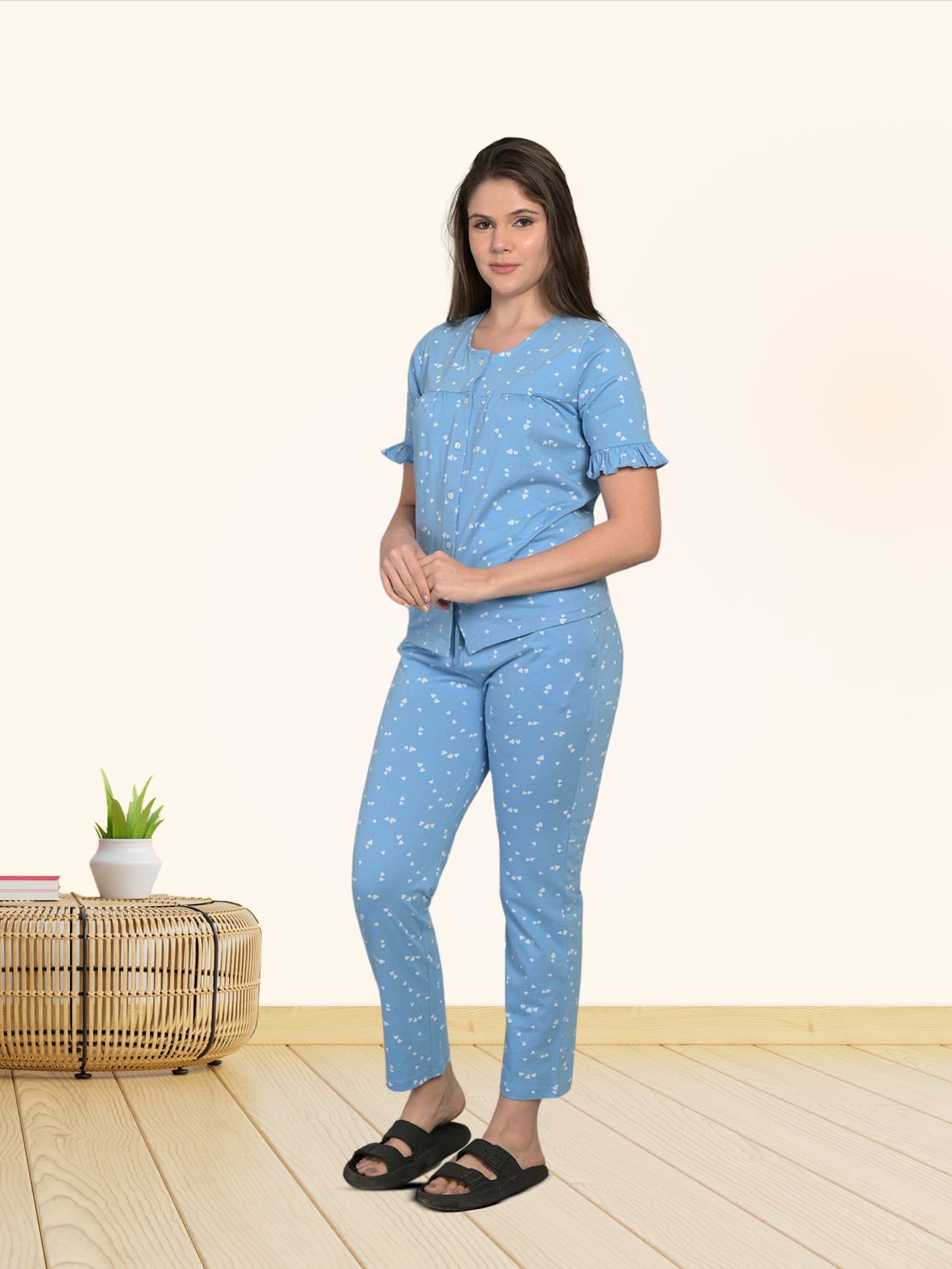 Round Neck Blue Half Sleeve Top & Pyjama Set