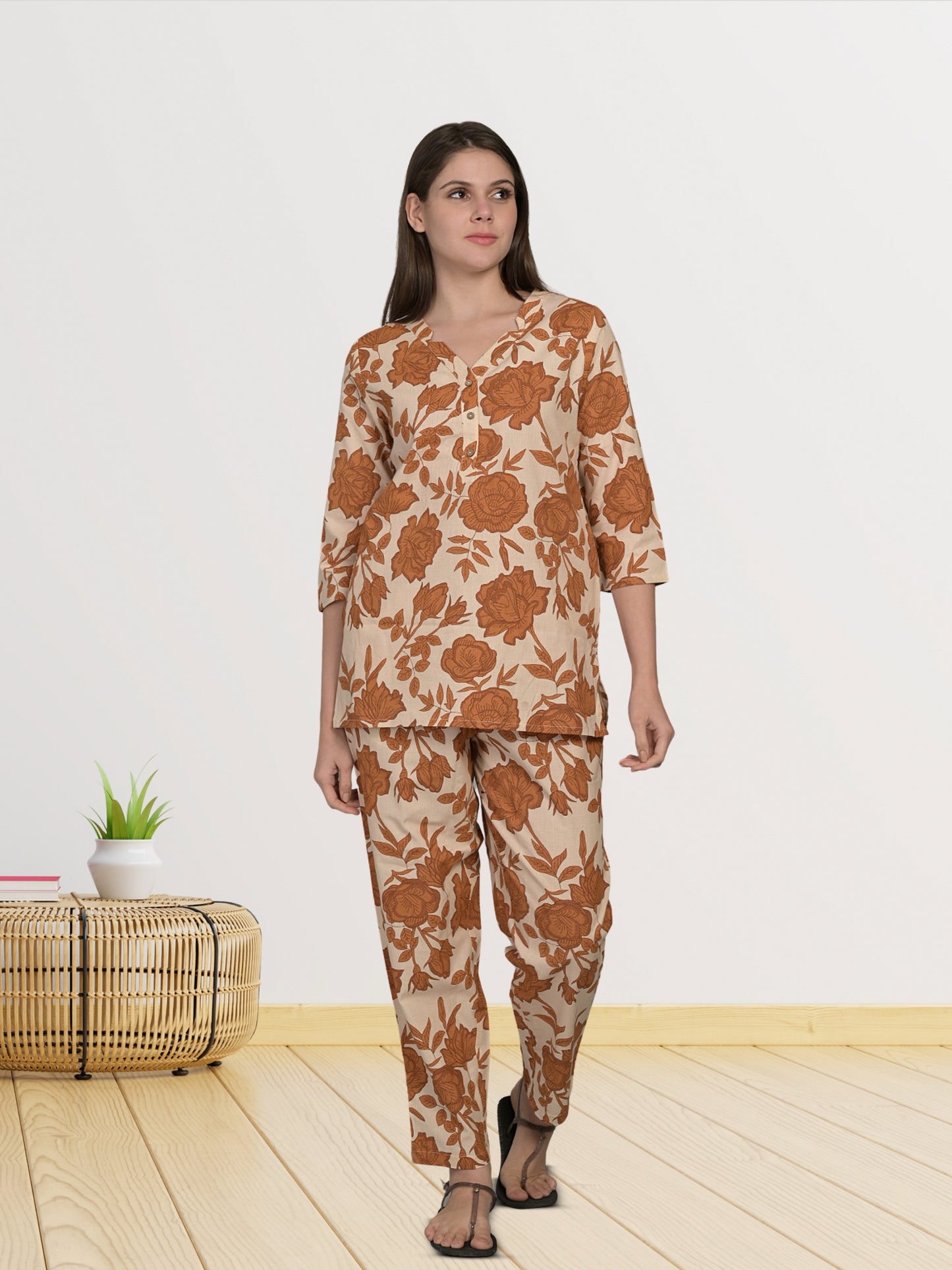 V Neck Brown 3/4Th Sleeve Printed Co-Ord Set