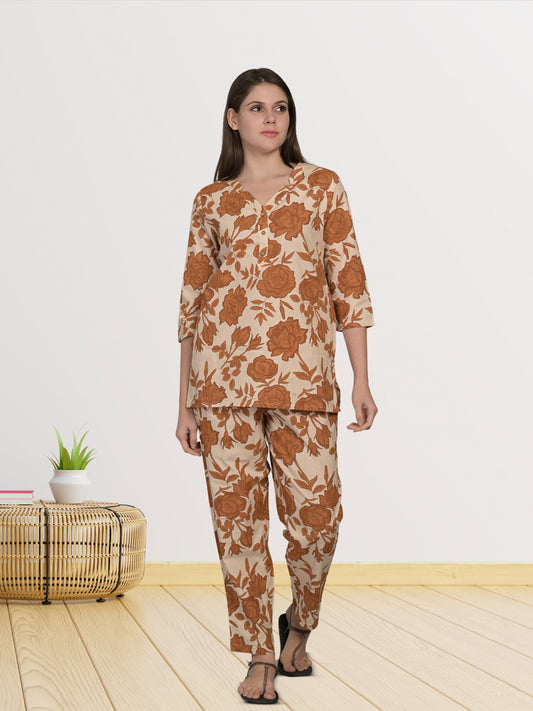 V Neck Brown 3/4Th Sleeve Printed Co-Ord Set