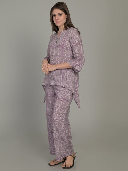 V Neck Purple 3/4Th Sleeve Printed Co-Ord Set