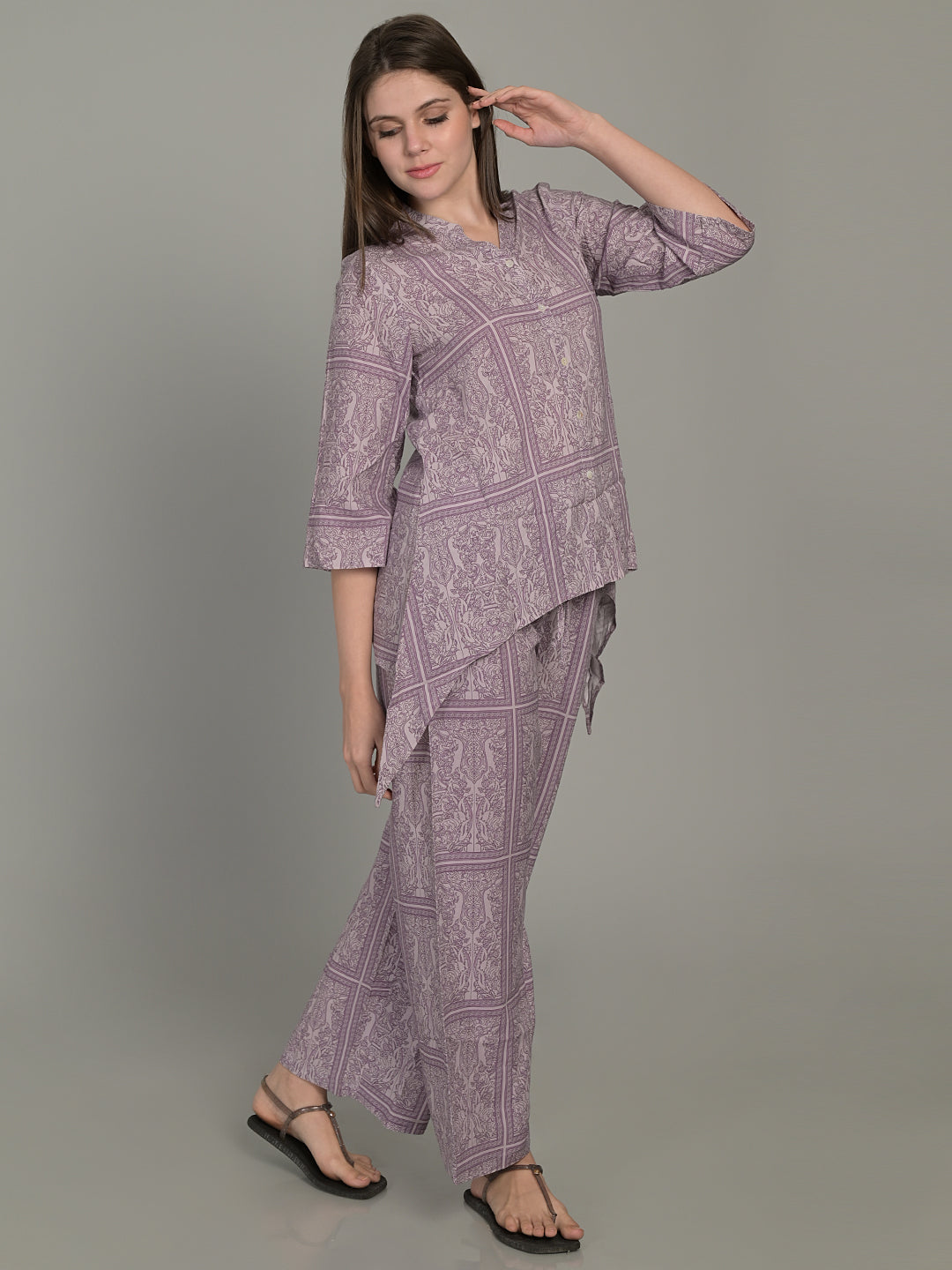 V Neck Purple 3/4Th Sleeve Printed Co-Ord Set