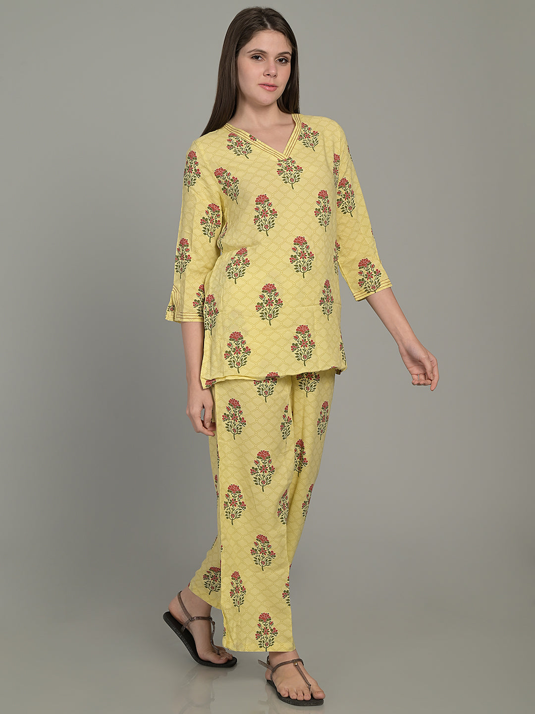 V Neck Yellow 3/4Th Sleeve Printed Co-Ord Set