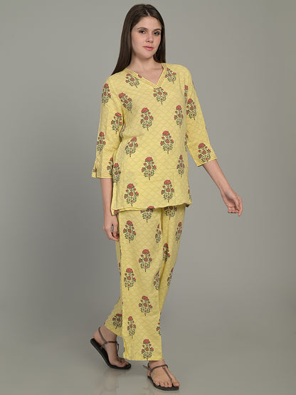 V Neck Yellow 3/4Th Sleeve Printed Co-Ord Set