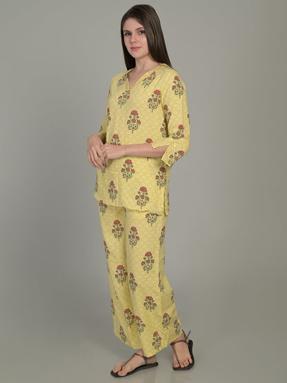 V Neck Yellow 3/4Th Sleeve Printed Co-Ord Set