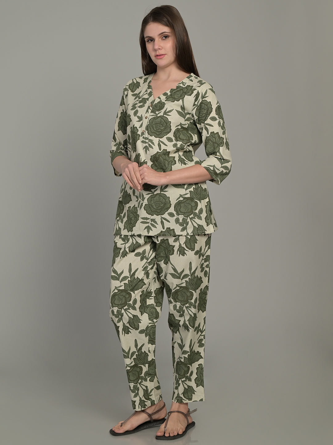 V Neck Green 3/4Th Sleeve Printed Co-Ord Set