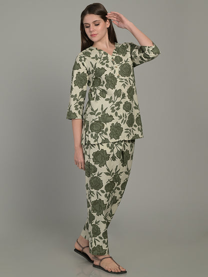 V Neck Green 3/4Th Sleeve Printed Co-Ord Set