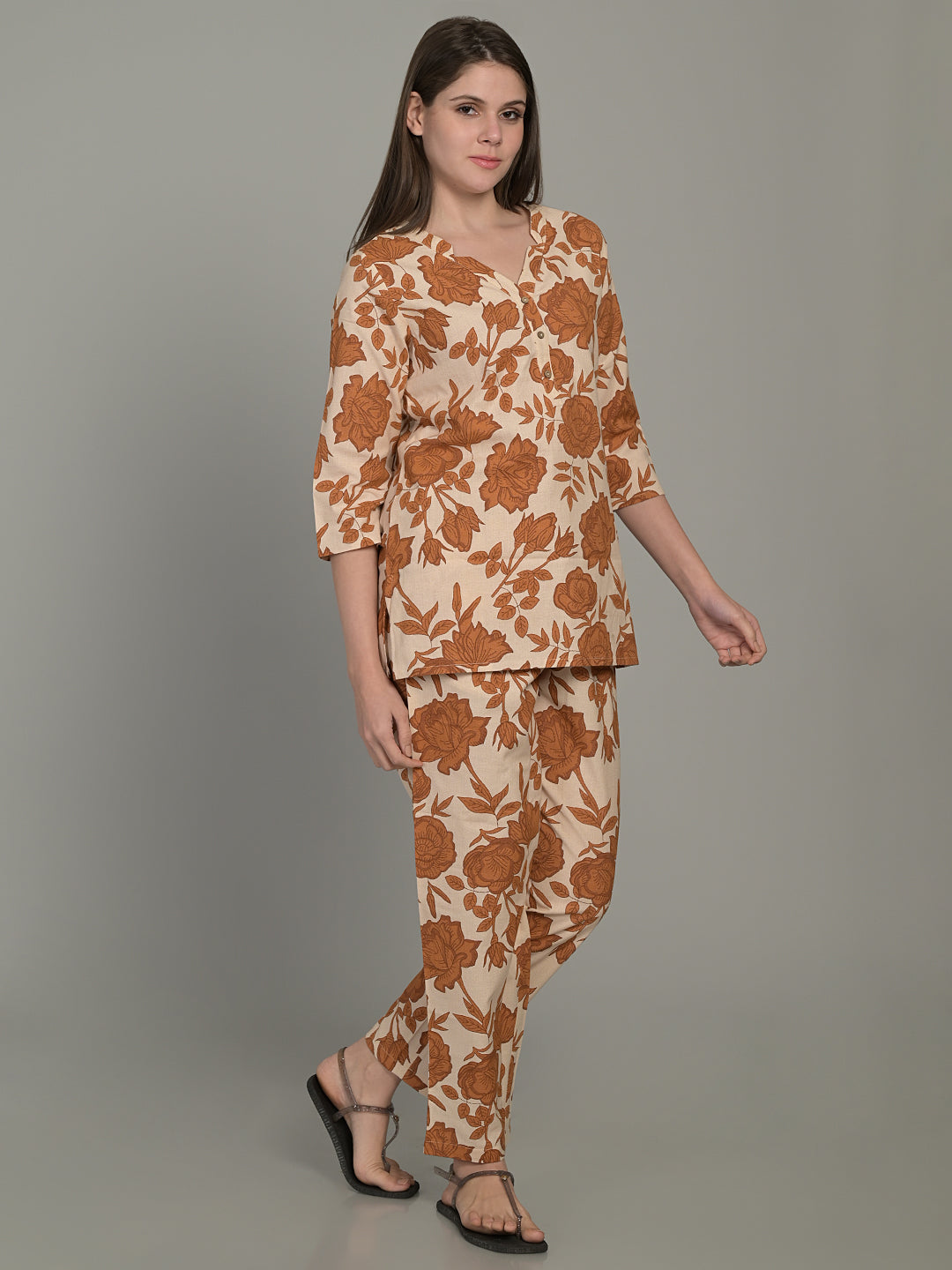 V Neck Brown 3/4Th Sleeve Printed Co-Ord Set