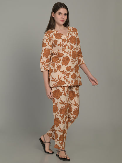 V Neck Brown 3/4Th Sleeve Printed Co-Ord Set