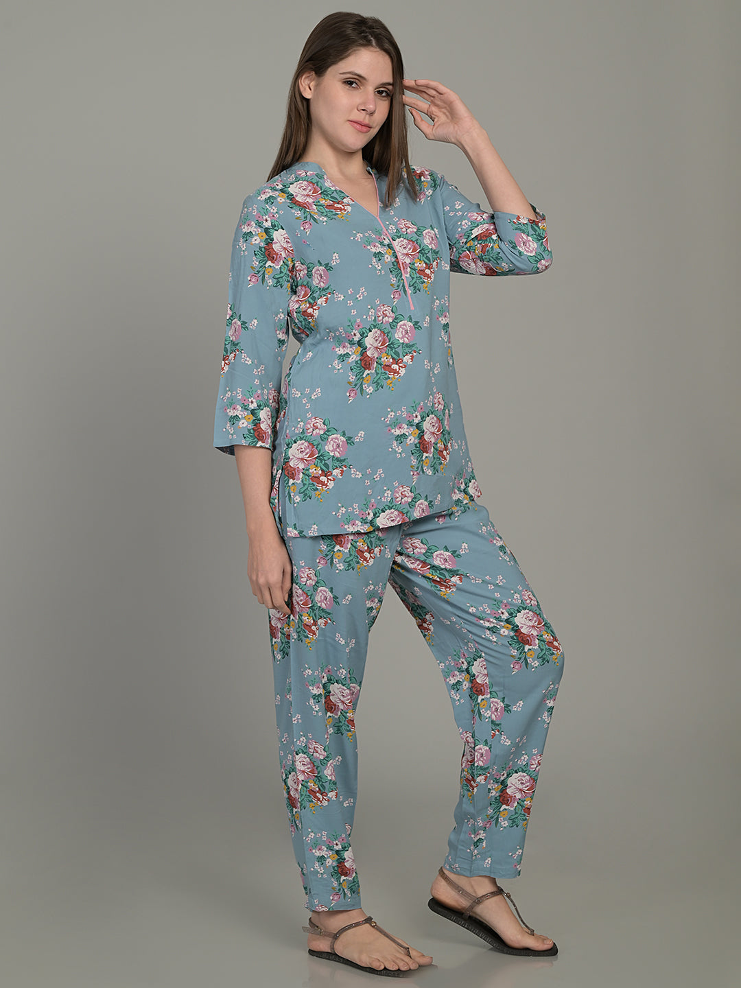 V Neck Blue 3/4Th Sleeve Printed Co-Ord Set