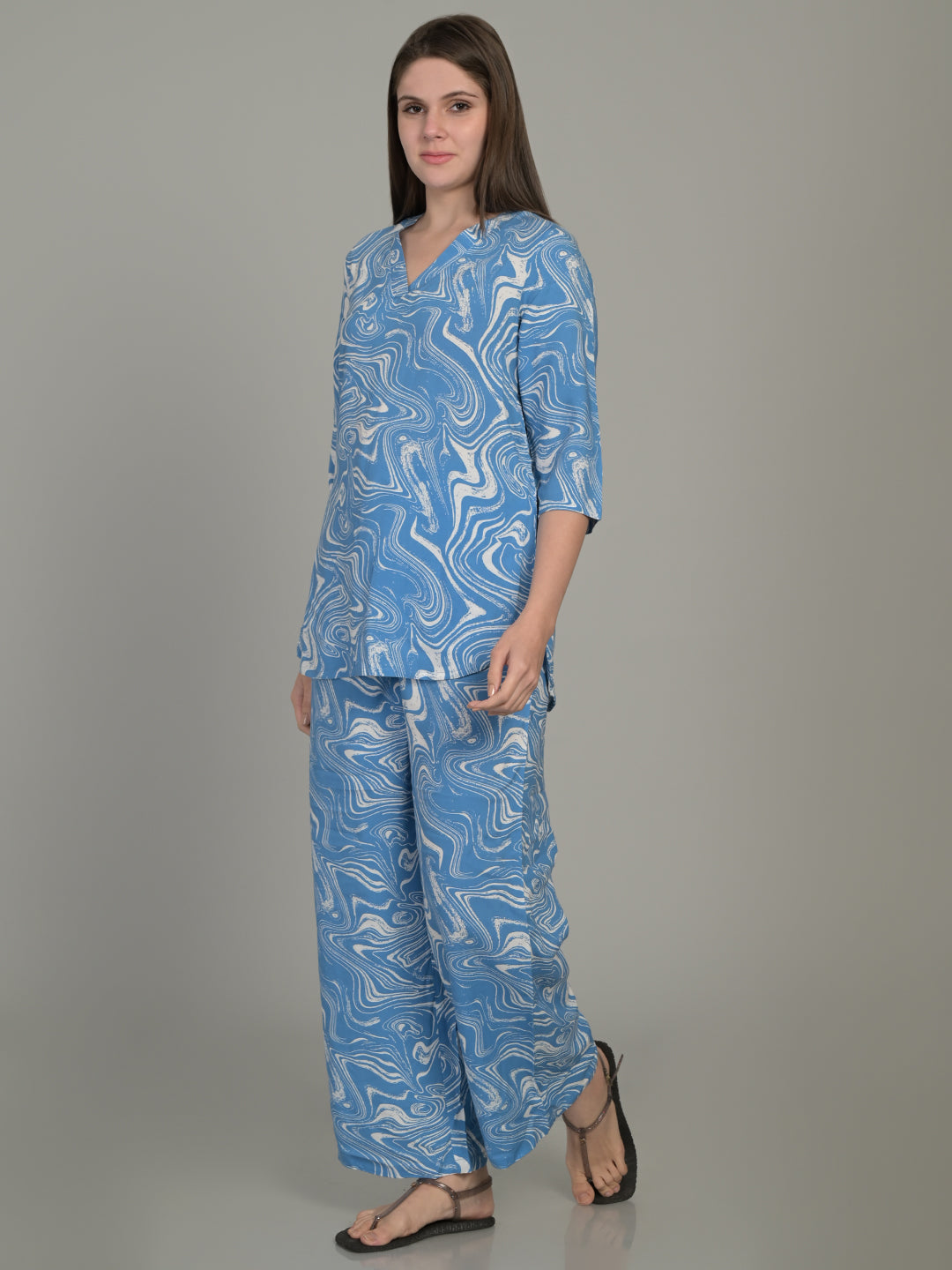 V Neck Blue 3/4Th Sleeve Printed Co-Ord Set