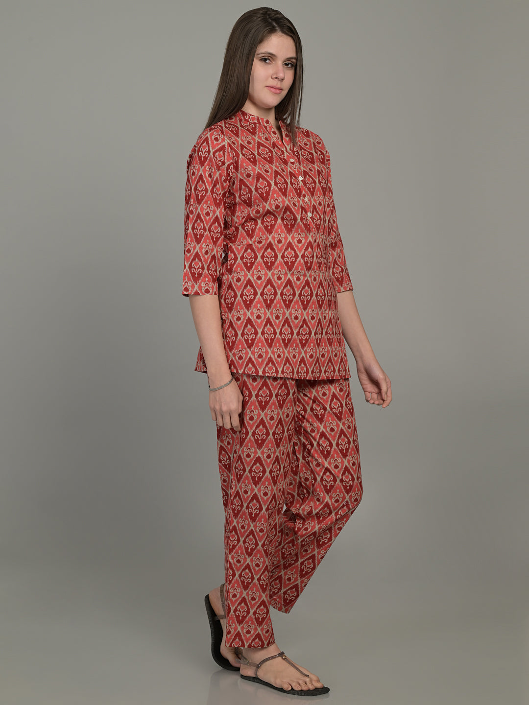 V Neck Red 3/4Th Sleeve Printed Co-Ord Set