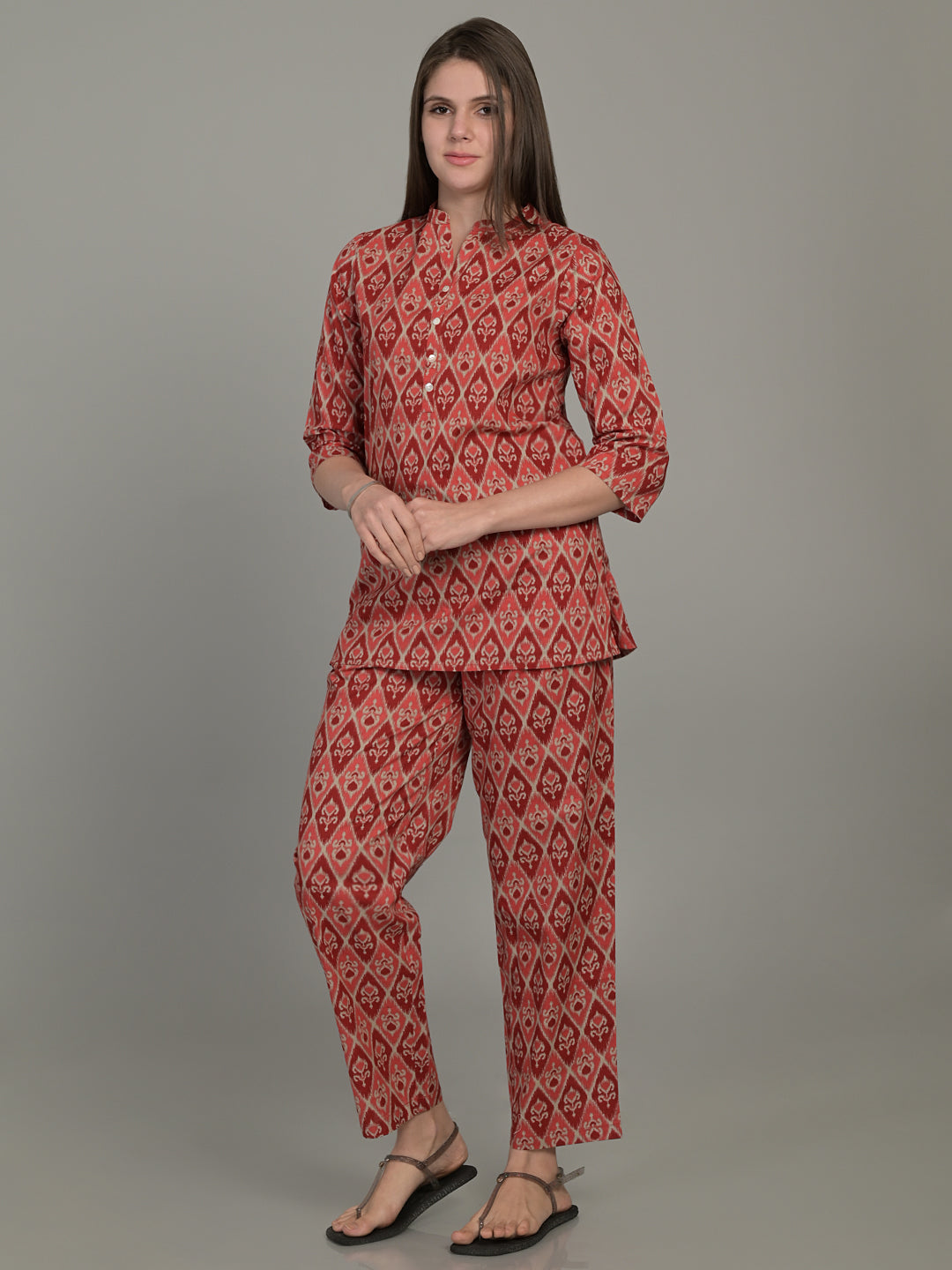 V Neck Red 3/4Th Sleeve Printed Co-Ord Set