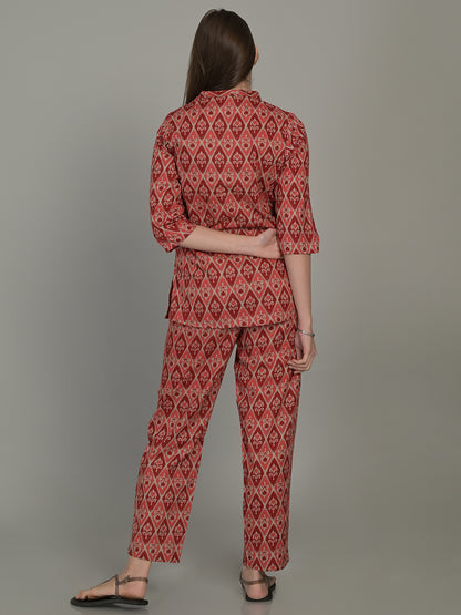 V Neck Red 3/4Th Sleeve Printed Co-Ord Set