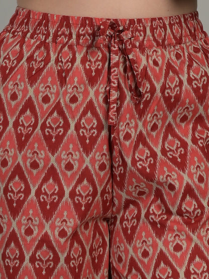 V Neck Red 3/4Th Sleeve Printed Co-Ord Set