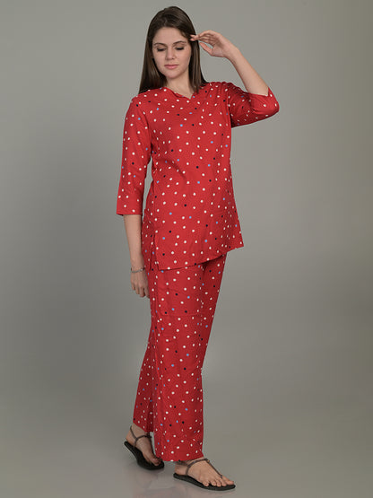 V Neck Red 3/4Th Sleeve Printed Co-Ord Set