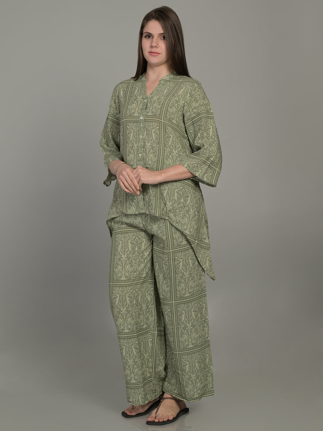 V Neck Green 3/4Th Sleeve Printed Co-Ord Set