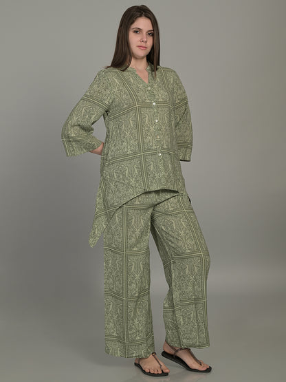 V Neck Green 3/4Th Sleeve Printed Co-Ord Set