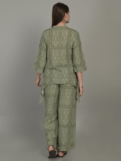 V Neck Green 3/4Th Sleeve Printed Co-Ord Set