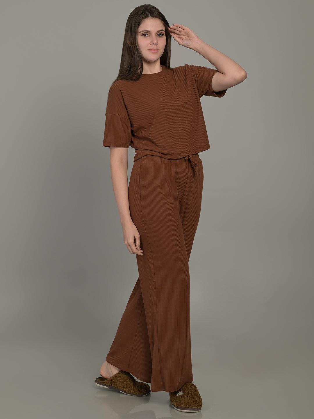 Round Neck Brown Half Sleeve Top & Palazzo Set