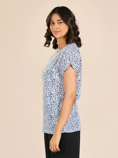 Blue Round Neck Shorts Sleeve Printed T-Shirt